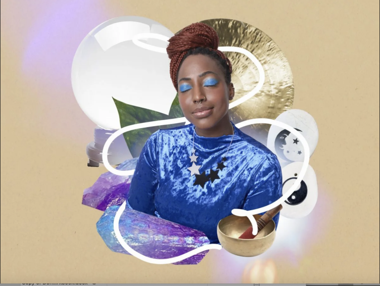 Black woman in blue top with white arcs around her